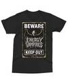 Black t-shirt with a vintage horror style graphic featuring a vampire and the text Beware Energy Vampires Keep Out from Beverly Kills.