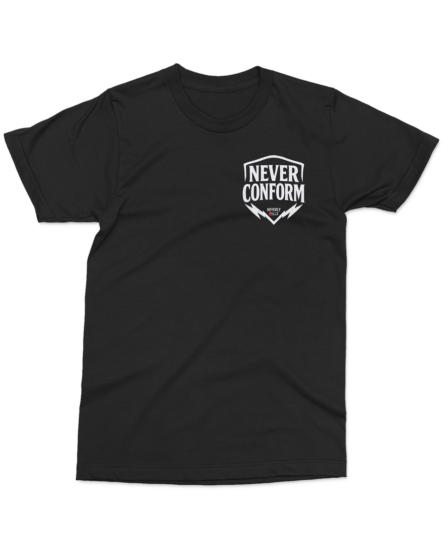 Black t-shirt with a small front pocket graphic reading Never Conform and Beverly Kills logo ,representing a message about individuality and resisting social pressure to conform