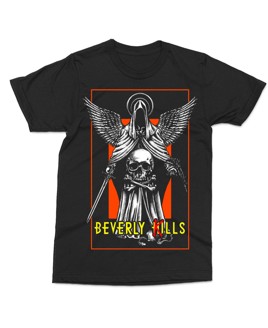 Beverly Kills black tee with Redemption graphic on front. An angel with sword in 1 hand and gun in another