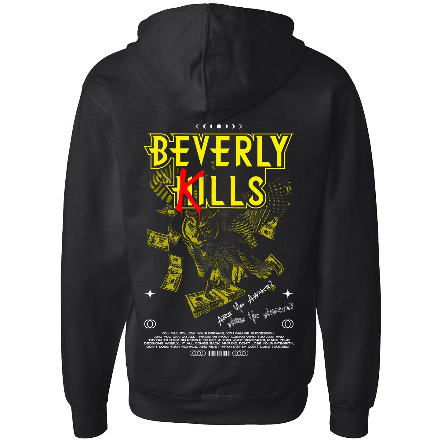 Premium zip up hoodie, Beverly Kills Awake design on black.