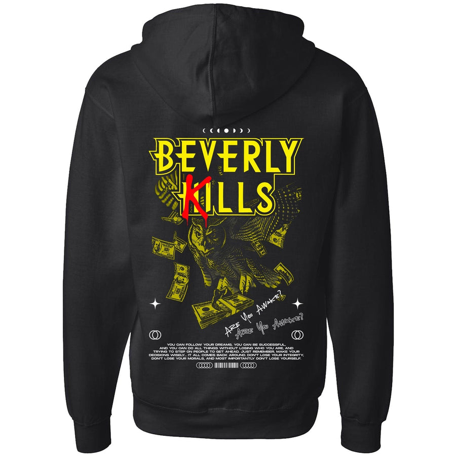 Premium zip up hoodie, Beverly Kills Awake design on black.