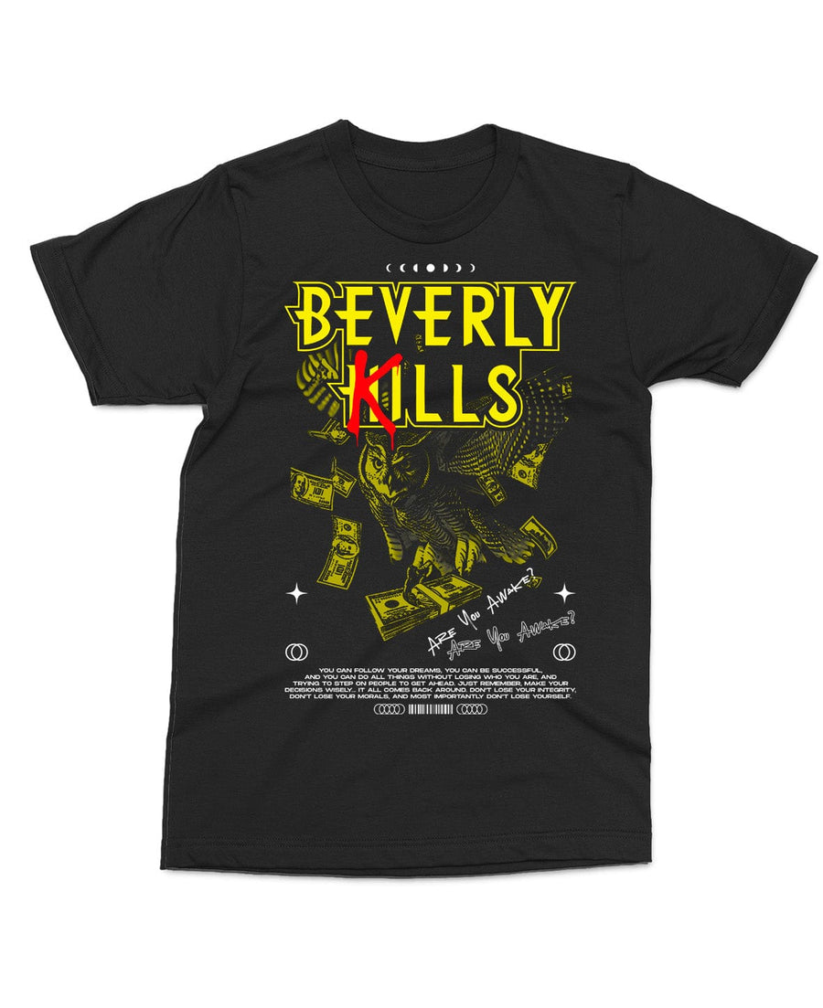 Fitted short sleeve streetwear T-shirt, Beverly Kills Awake design on black cotton.