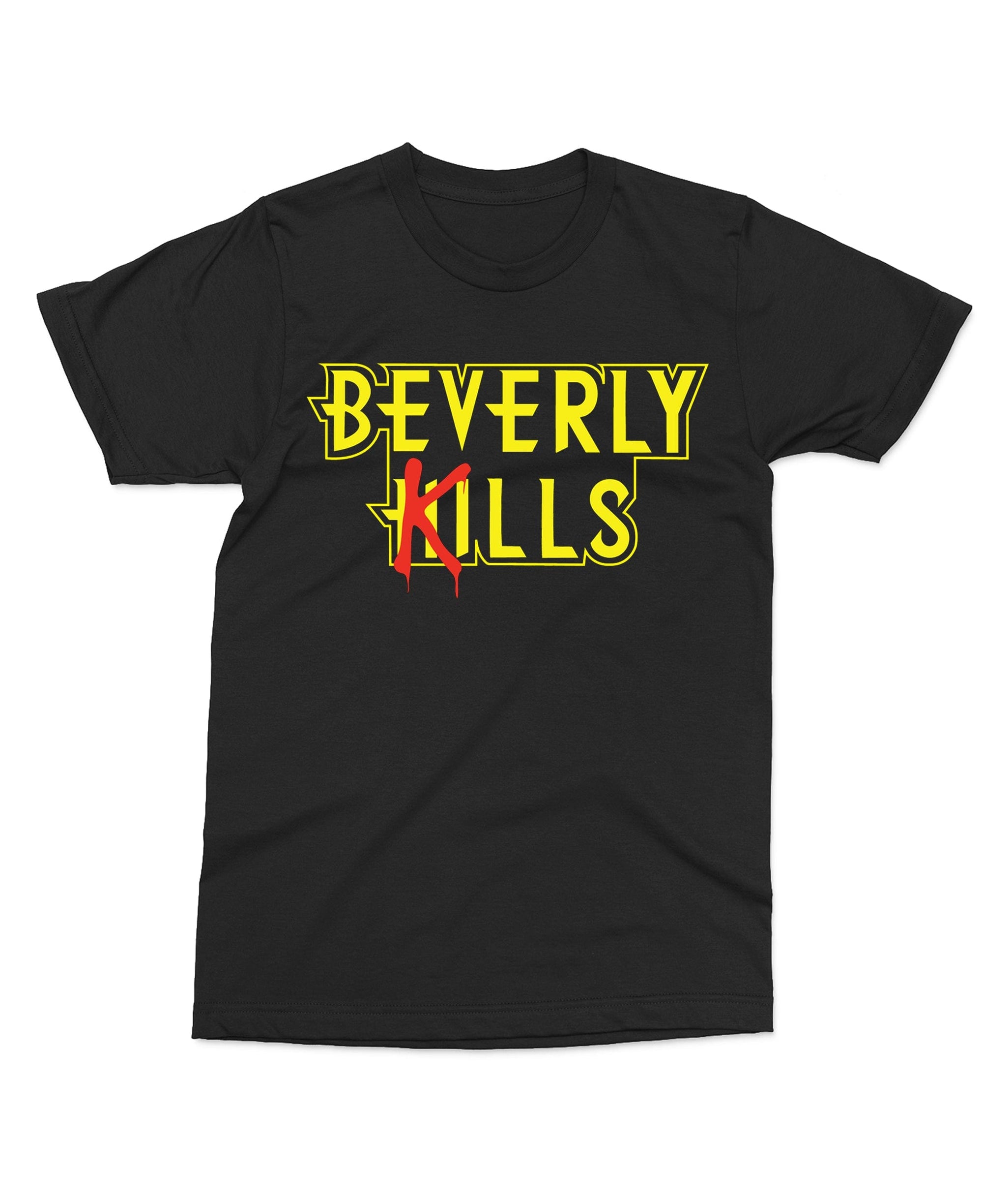 Fitted short sleeve streetwear T-shirt, Beverly Kills Outline Logo design on black cotton