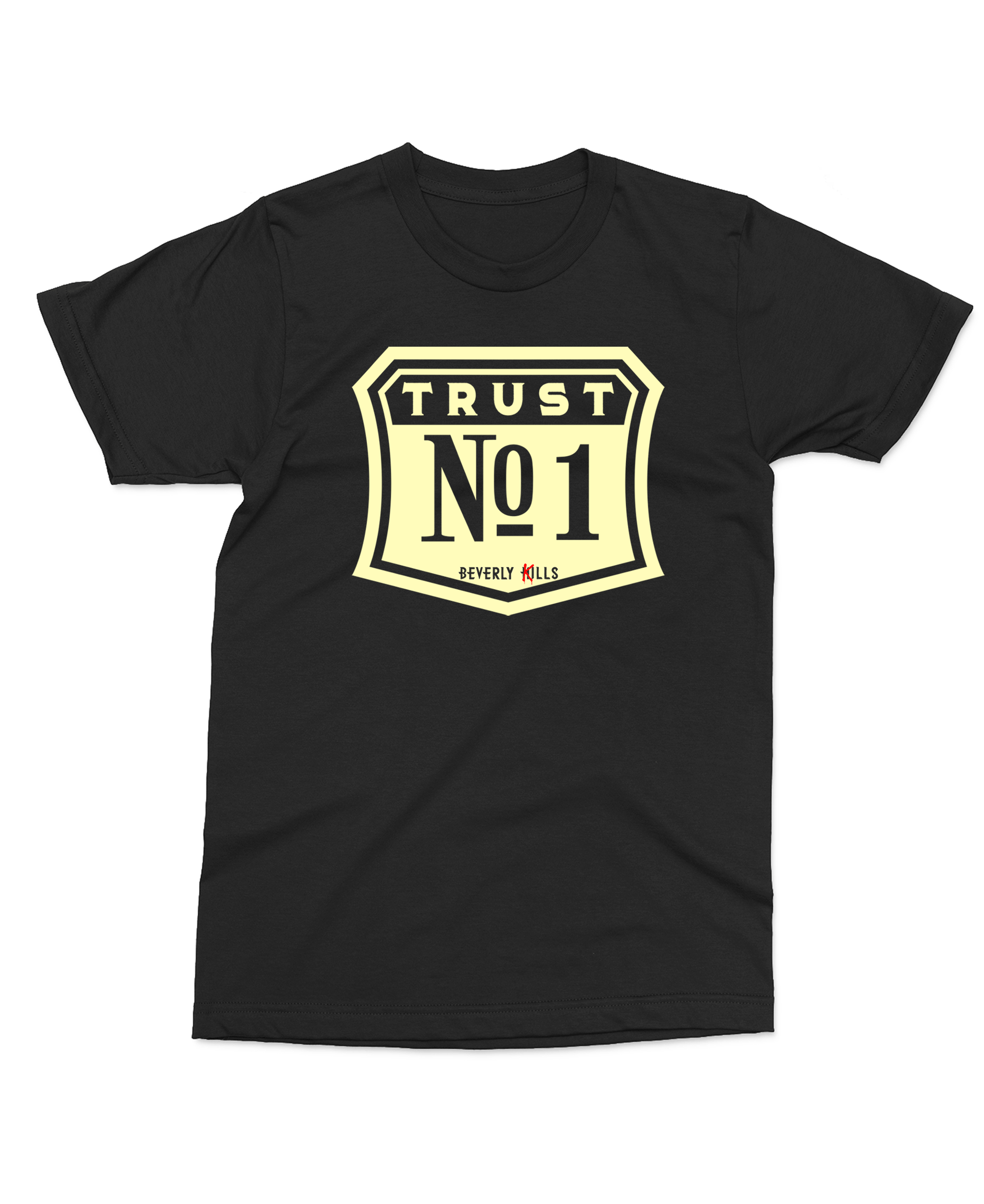Fitted short sleeve streetwear T-shirt, Beverly Kills Trust 1 design on black cotton.