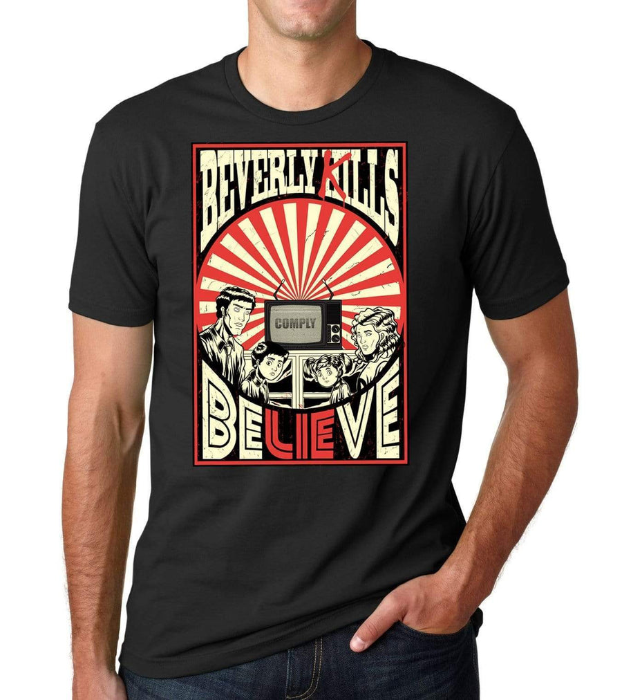  Believe, Obey, and Comply mind control design on this black Beverly Kills Hollywood streetwear Shirt 