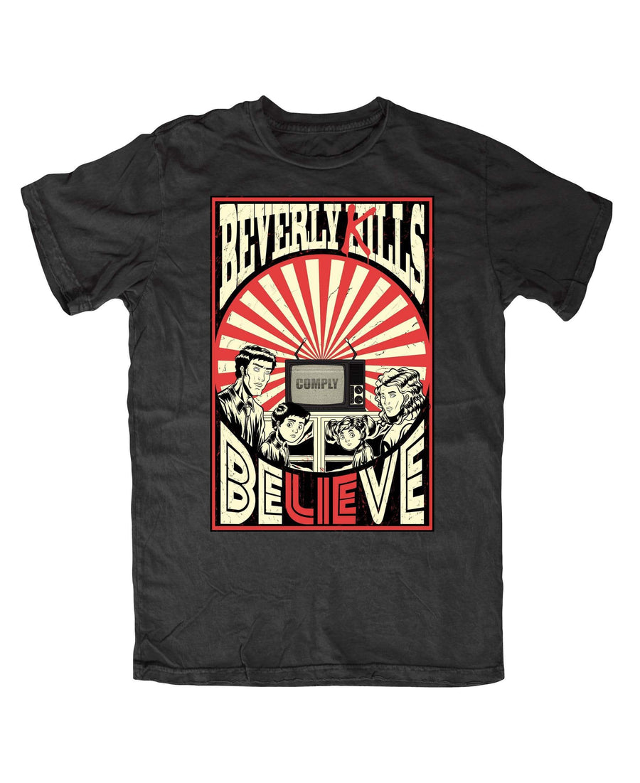 Fitted short sleeve streetwear T-shirt, Beverly Kills Believe Comply design on black cotton.