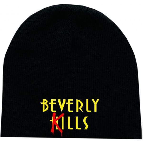 Knit streetwear beanie, Beverly Kills embroidered puff logo design in black