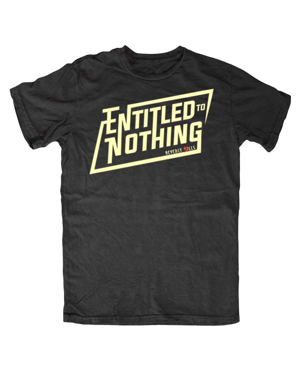 Fitted short sleeve streetwear T-shirt, Beverly Kills Entitled to Nothing design on black cotton.