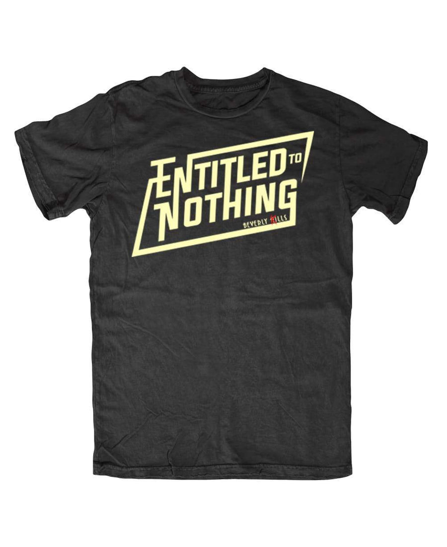 Fitted short sleeve streetwear T-shirt, Beverly Kills Entitled to Nothing design on black cotton.