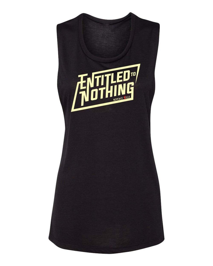 Sleeveless streetwear women’s muscle tank, Beverly Kills Entitled to Nothing design on black cotton.